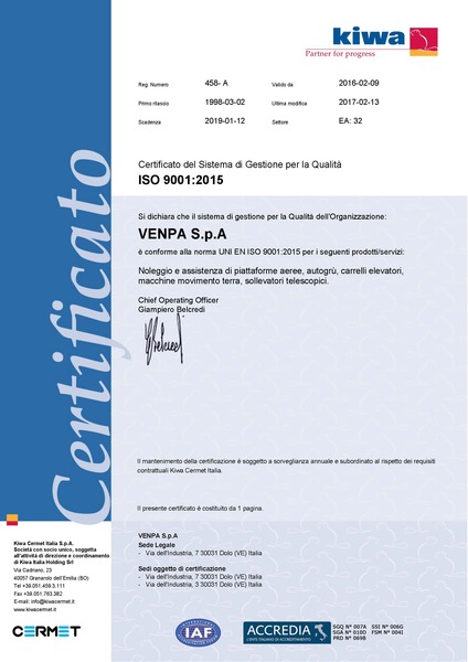 Certificazione ISO 9001:2015 per Venpa
